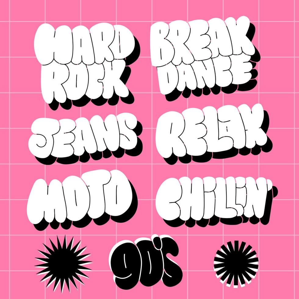 Popular words 90s retro lettering sticker set. Bald hand drawn vector illustrations perfect for 3d render.