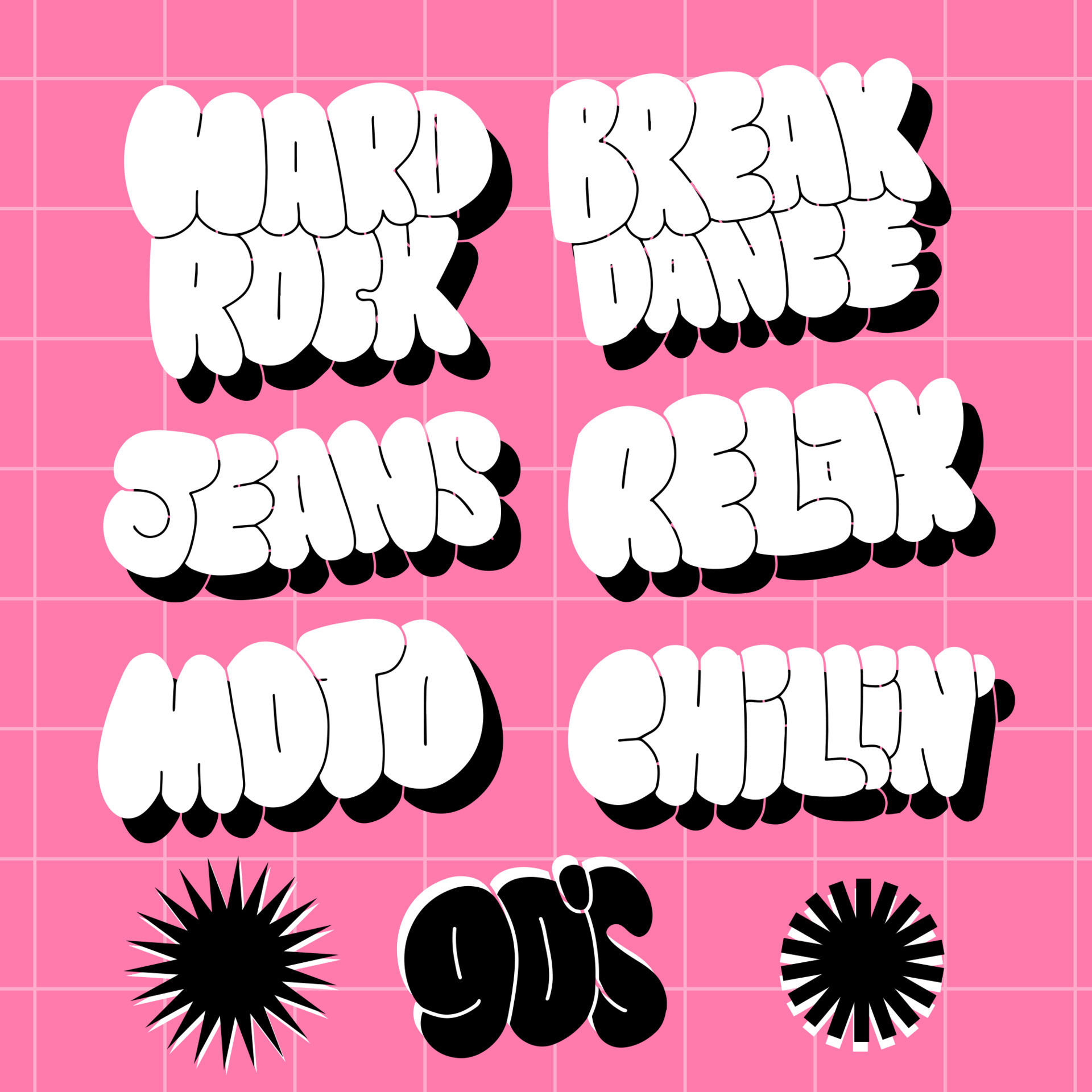 popular-words-90s-retro-lettering-sticker-set-bald-hand-drawn-vector