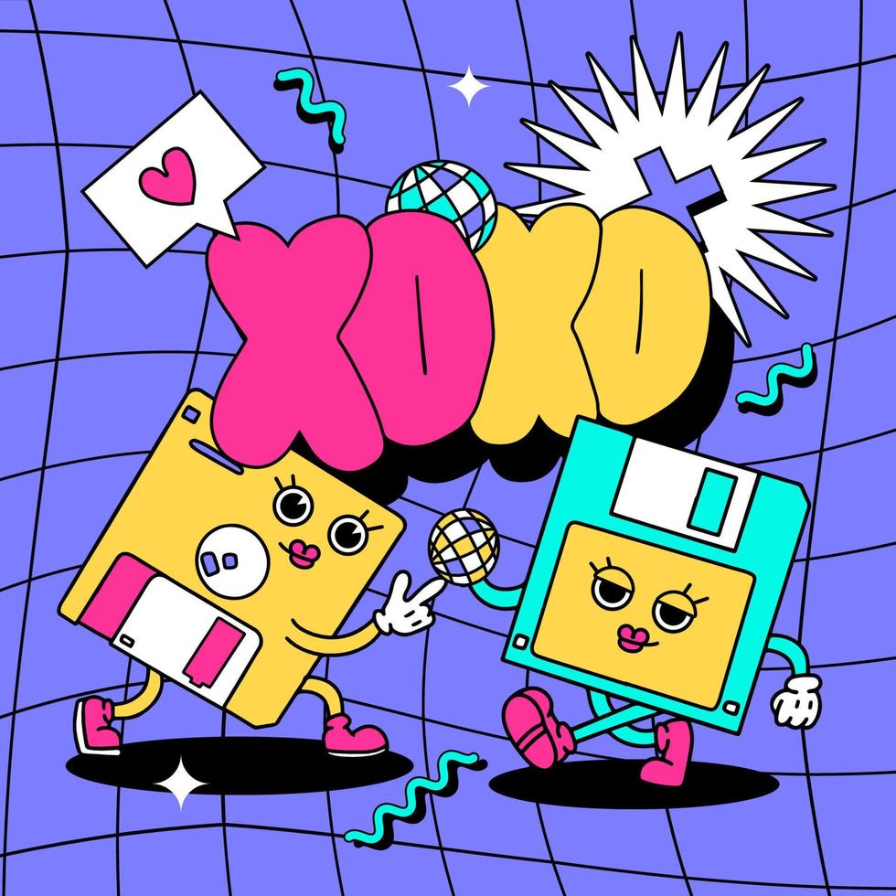 Floppy Disk characters on 90s 80s banner or card template. Retro style distorted textures and brutalism aesthetic checkered background. Xoxo text. Old school personal computer gadget mascots. Vector