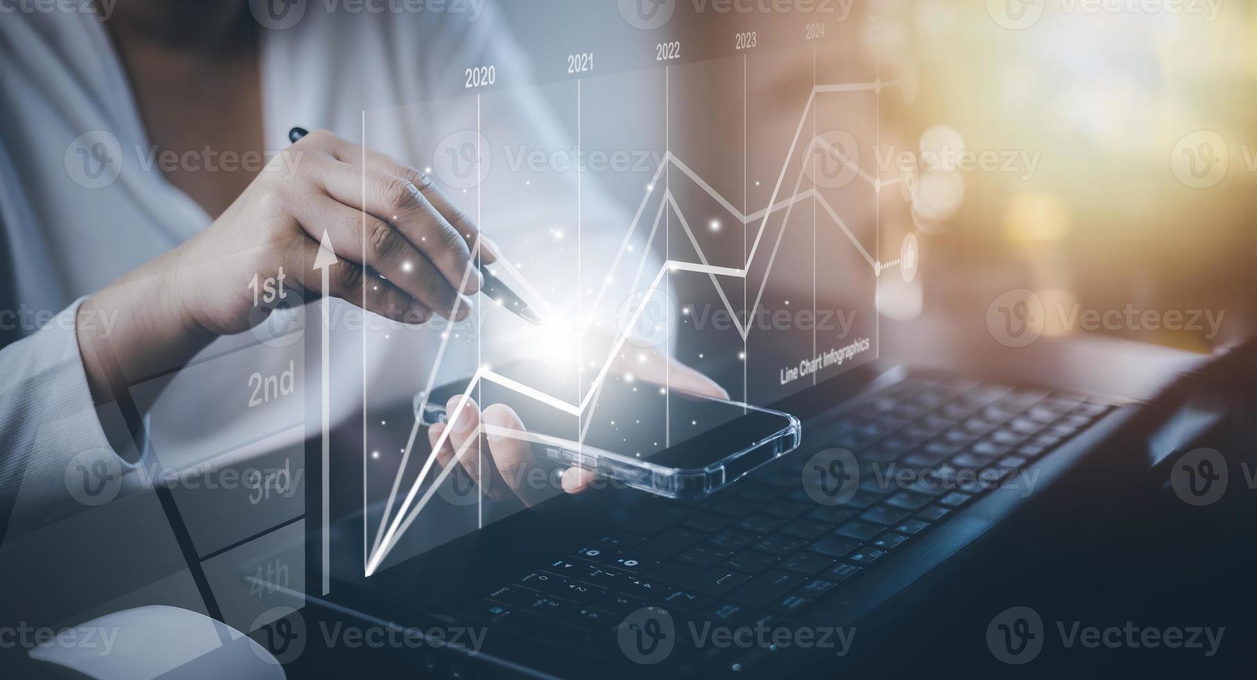 Tablet and finance technology and investment concept. Stock Market Investments Funds and Digital Assets. Woman using laptop or computer and trading graph financial data. Business finance background. photo