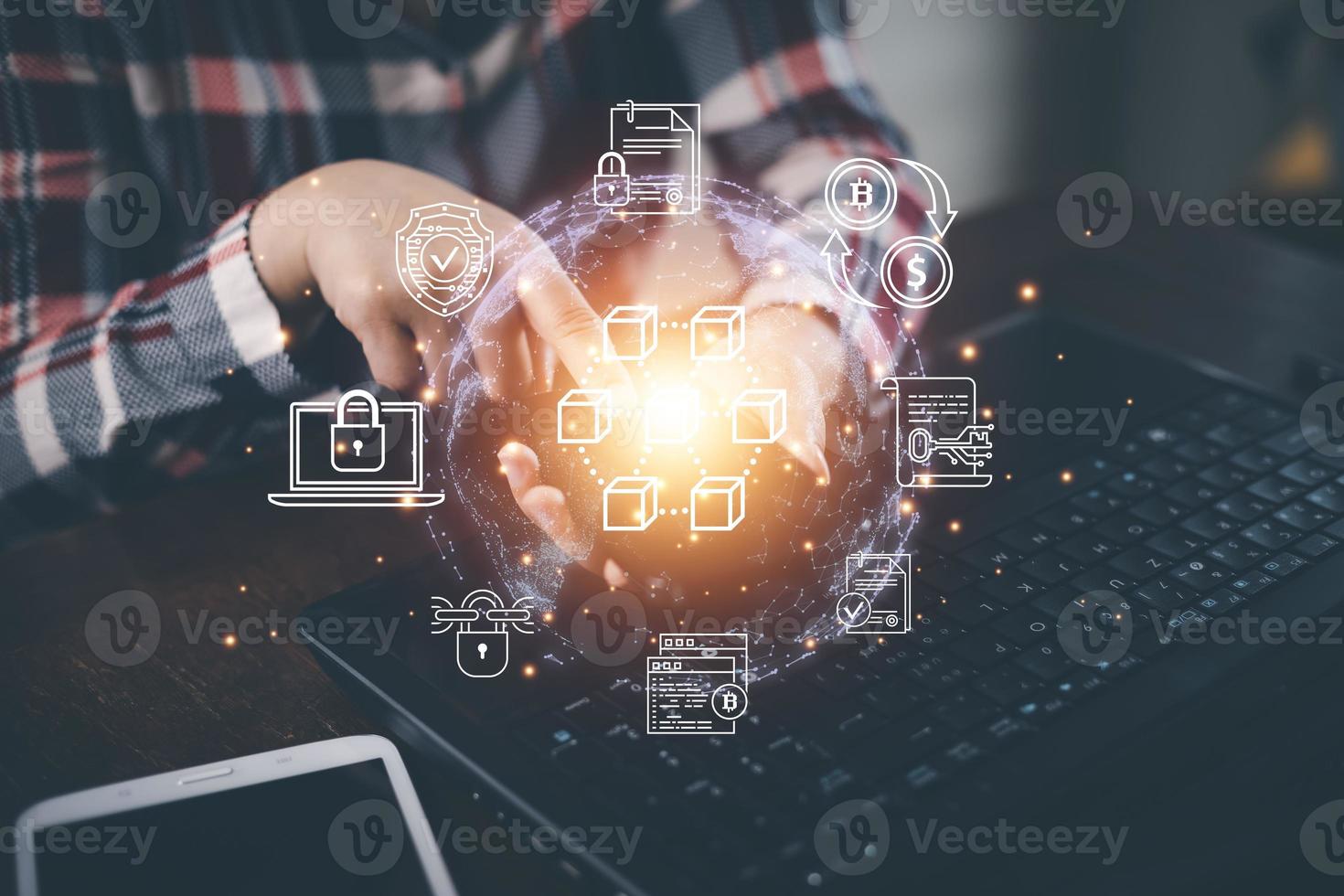 Brain AI with icon business concept,Business using laptop and virtual globe with financial icons future technology, business goals, online communication, graph Screen Icon of media screen, big data photo