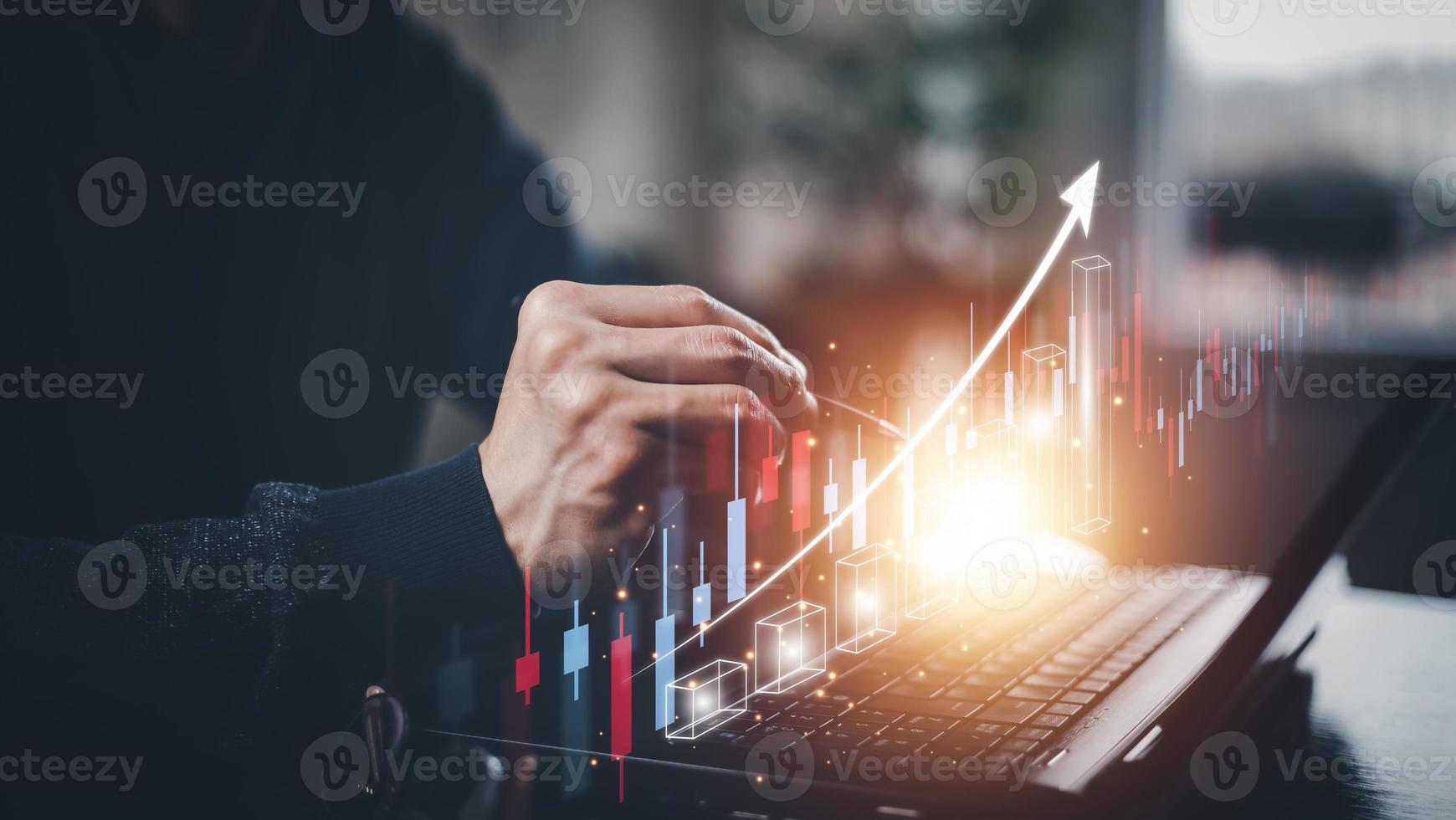 planning and strategy, Stock market, Business growth, progress or success concept. man with trader is showing a growing virtual hologram stock, invest in trading, analytics and financial concept photo