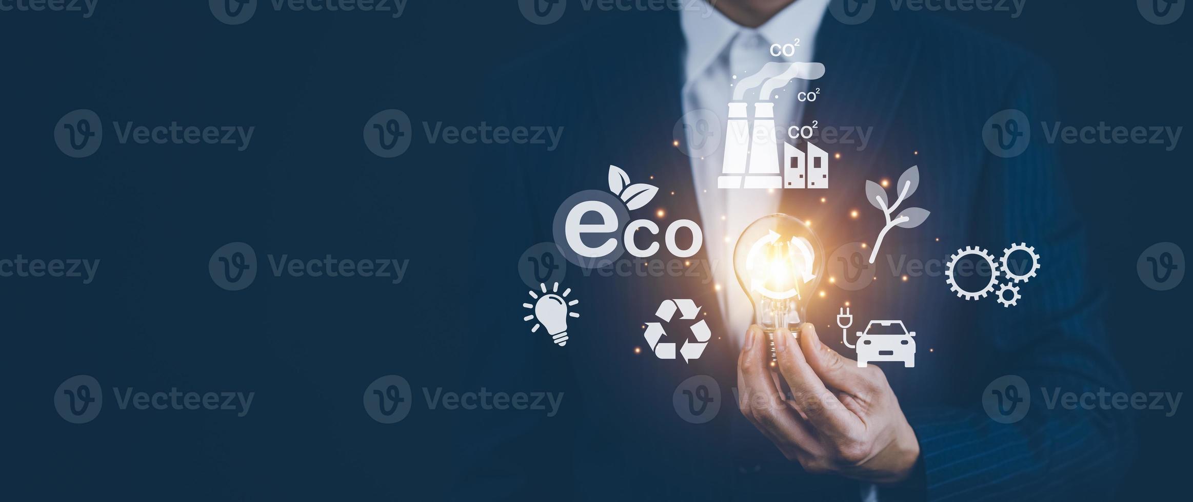 light bulb with energy worker interface, sustainable development with renewable energy icon,conservation of natural resources Environmental protection,electric car, powerplant, energy transmission photo