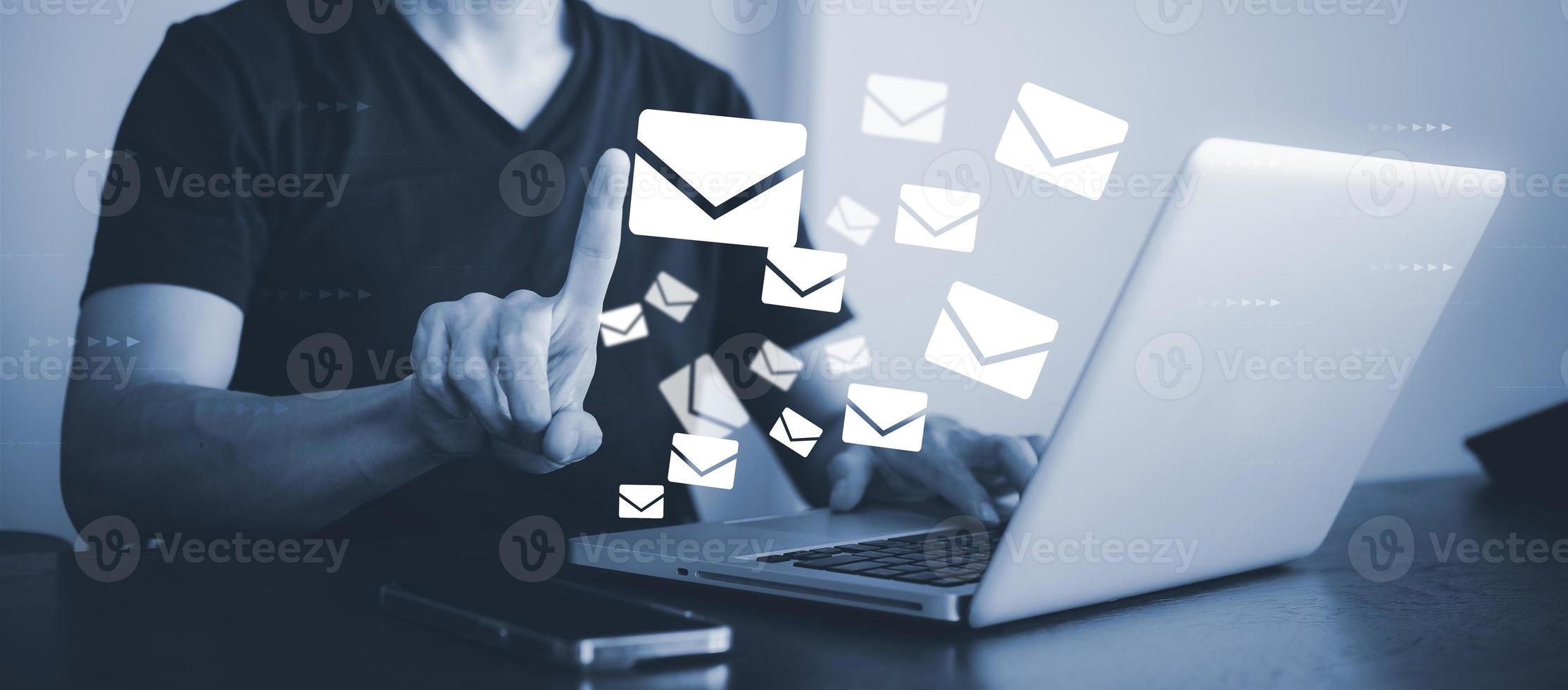 Businessman hand touch  communication icons, letter icon, email icons, and newsletter email and protect your personal information or spam mail, Customer service call center contact. photo