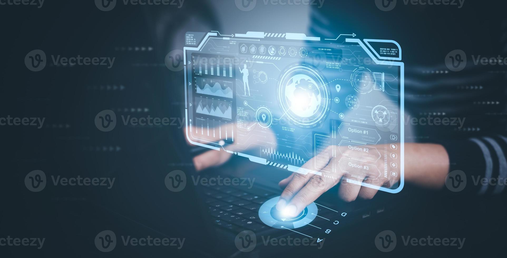 Concept financial transactions online, businessman use laptop with point at financial analyzing data while discussion, planning brand promotion budget, raising company awareness in social media photo