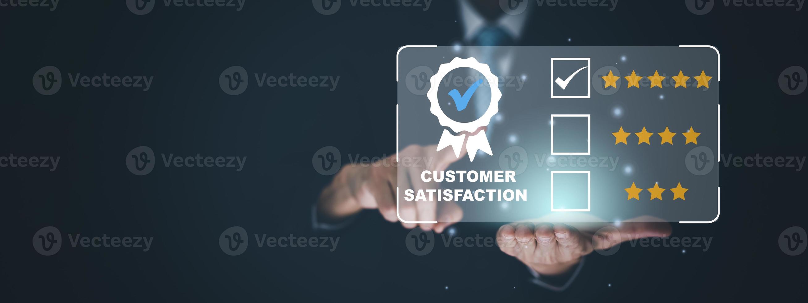 Quality assurance of business services, Businessman Hand shows the sign of the top service Quality assurance in Black background , Guarantee, Standards, ISO certification and standardization concept. photo