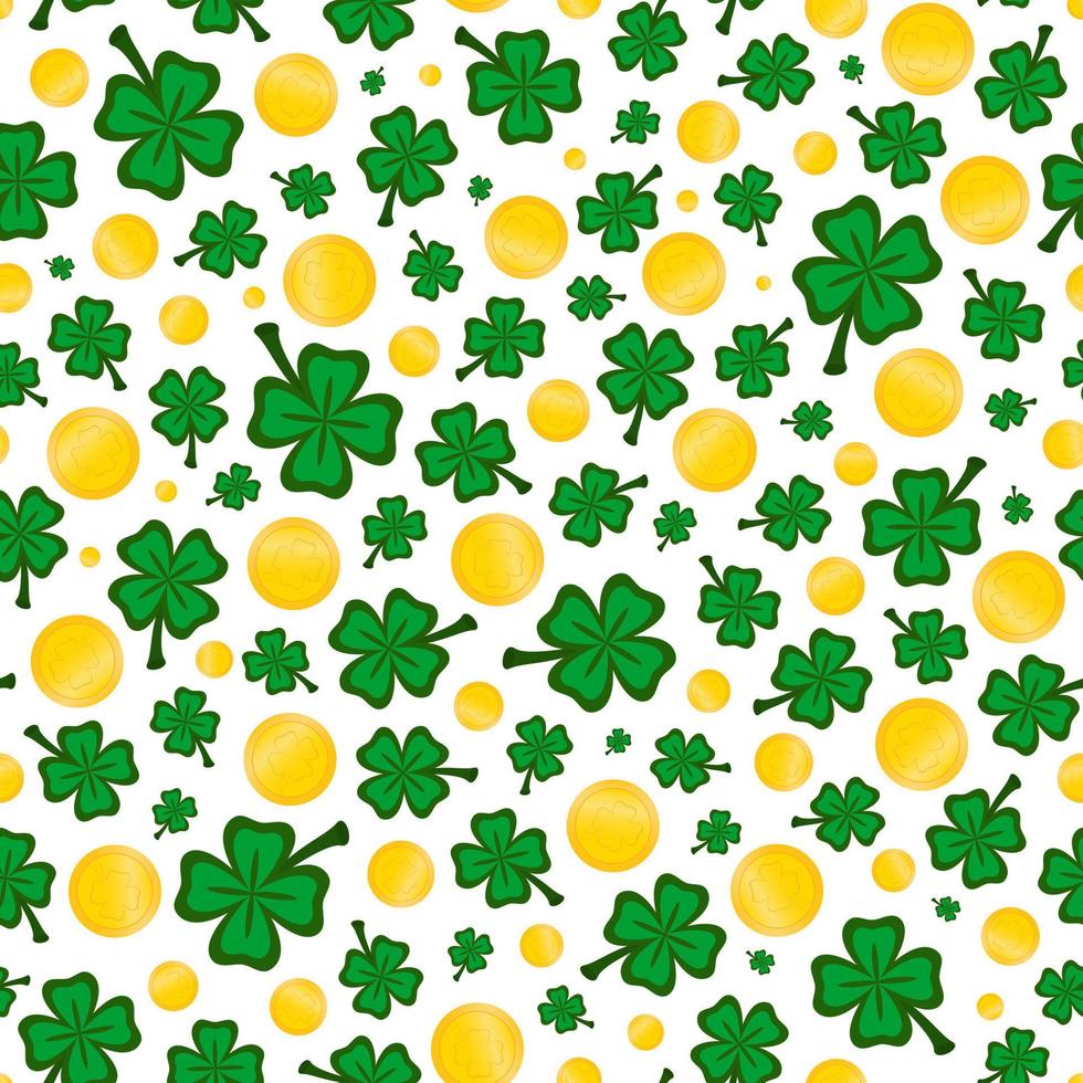 Vector seamless pattern for St. Patrick's Day. Golden coins and clover on a white background.