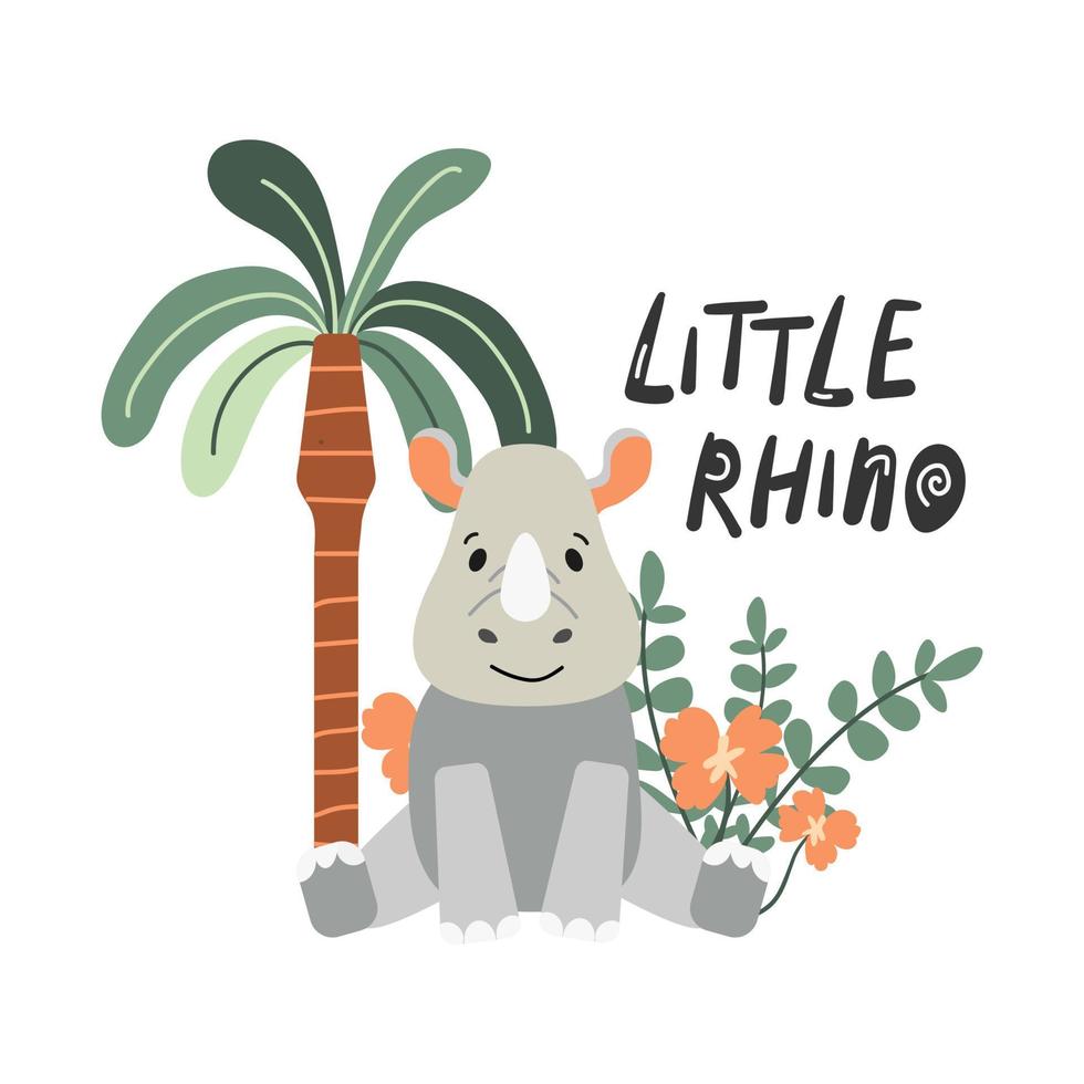 Cute vector rhinoceros. Cartoon rhino, palm tree, flowers.  Charming African animal with horn, isolated on white background. Print design on children's t-shirt. Flat style postcard design.