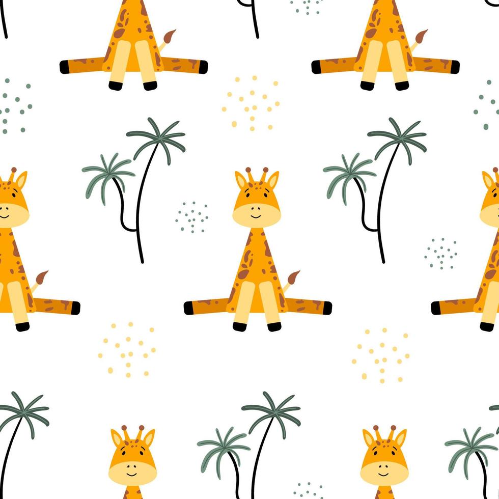 Seamless pattern with a cute giraffe and palm trees. African charming animal and plant in flat style. Children's textiles, wrapping paper, background. Cartoon vector giraffe in Scandinavian style.