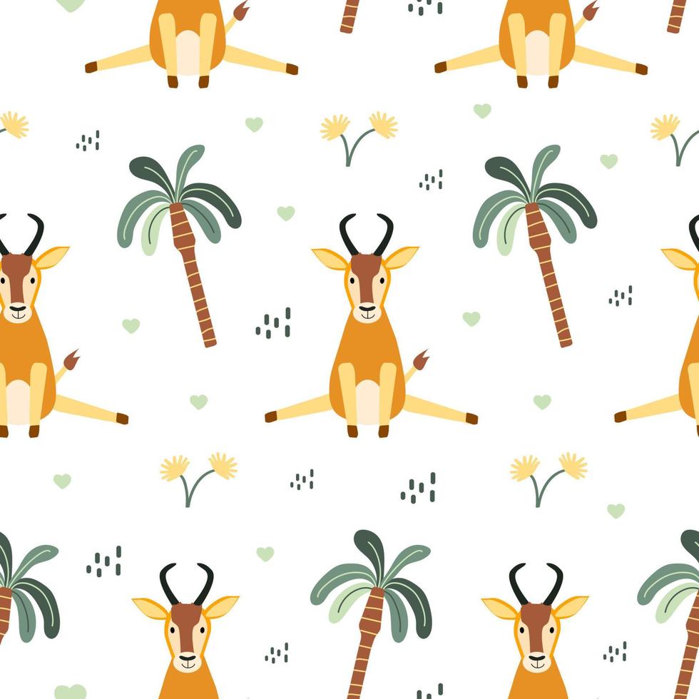 Seamless pattern with cute antelope and palm trees. African charming animal and plant in a flat style.Children's textiles, wrapping paper, background. Cartoon vector Antelope in Scandinavian style.