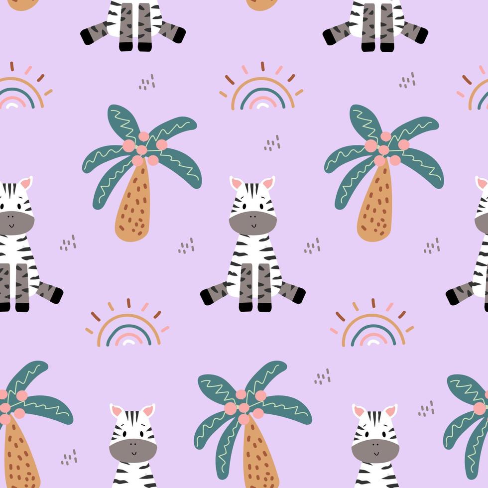 Seamless pattern with a cute zebra, palm trees, and rainbow. African charming animal and plant in a flat style. Suitable for the design of children's textiles, wrapping paper, background. Cartoon. vector