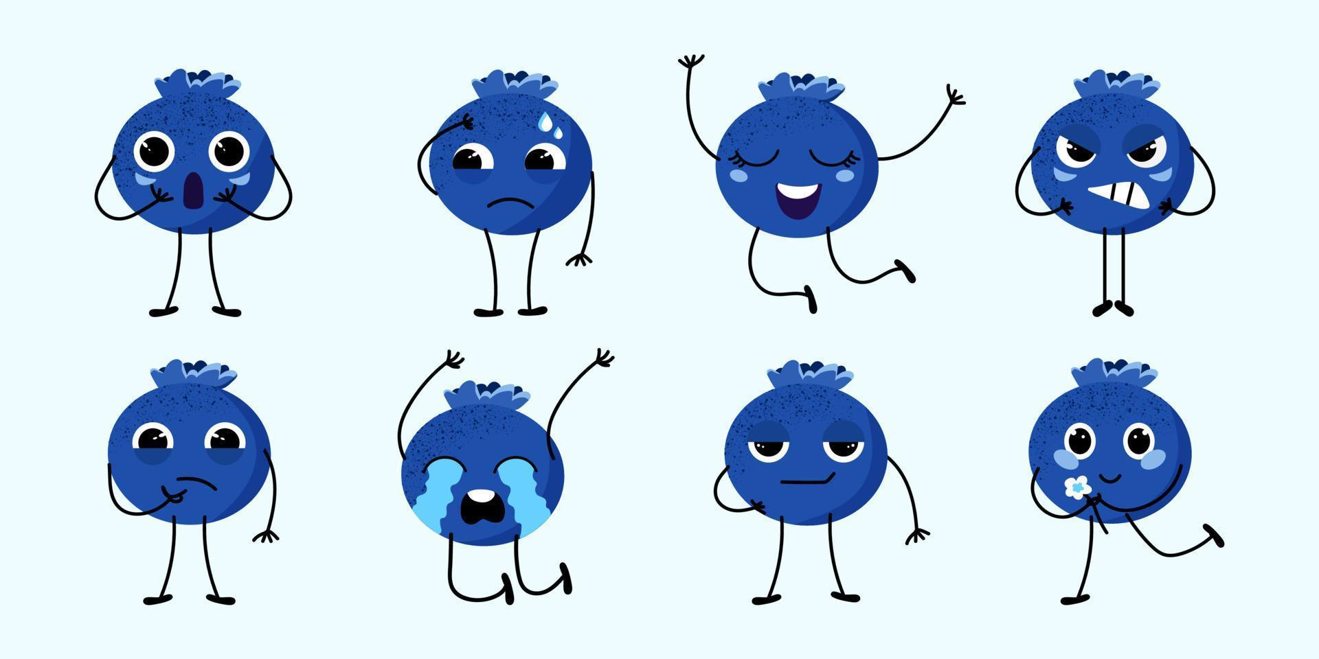 Vector set of a cute blueberry character. Blueberries with different emotions, surprise, crying, happy, cool, sad, thoughtful. Stylish set of funny berry. Healthy Eating.