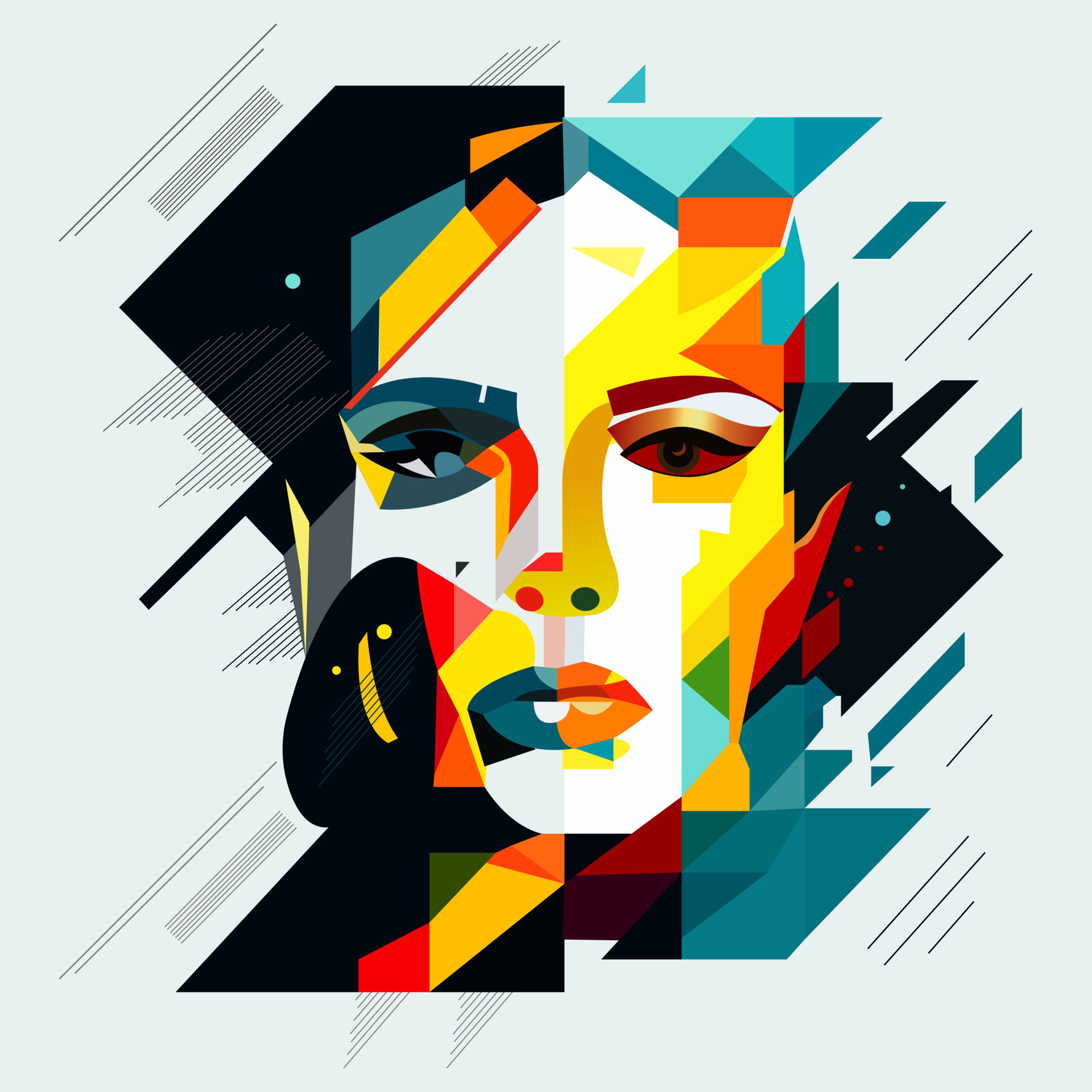 Human face in an abstract style, cubic portrait drawing for graphics