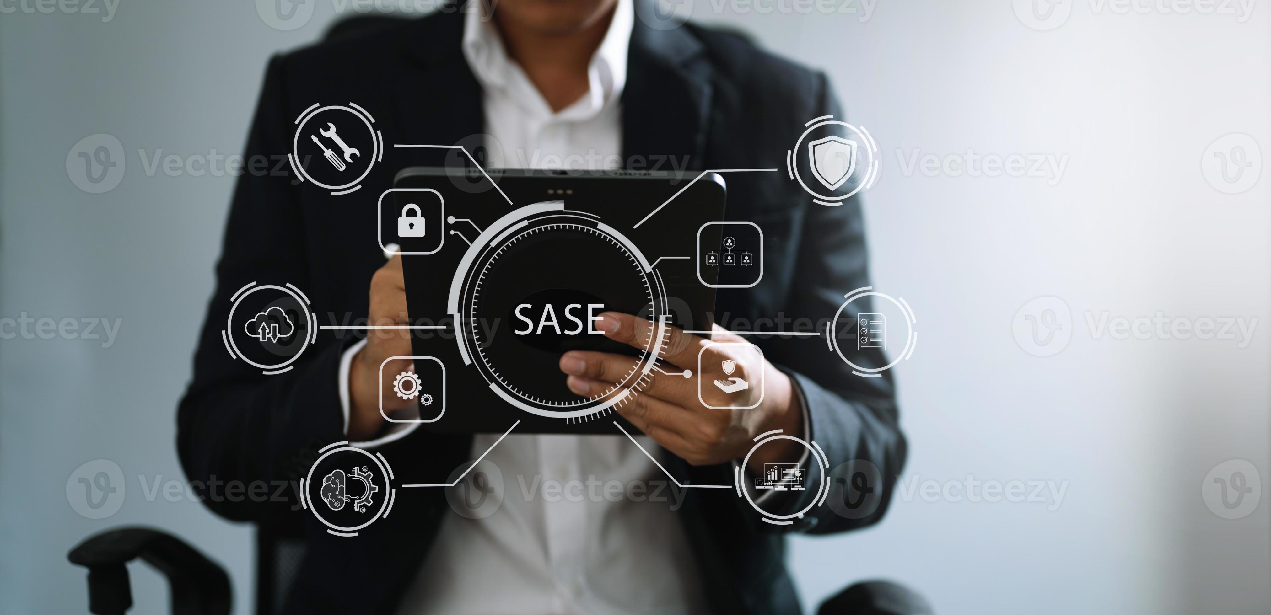 Sase secure access service edge concept hand touching secure access