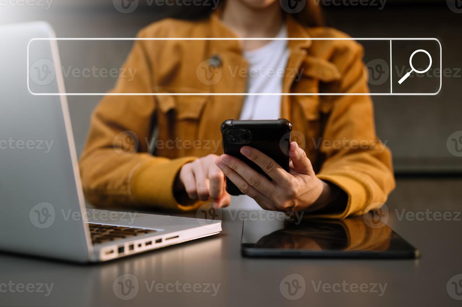 Searching Browsing Internet Data Information Networking Concept. with mobile  and computer virtual icon in office photo
