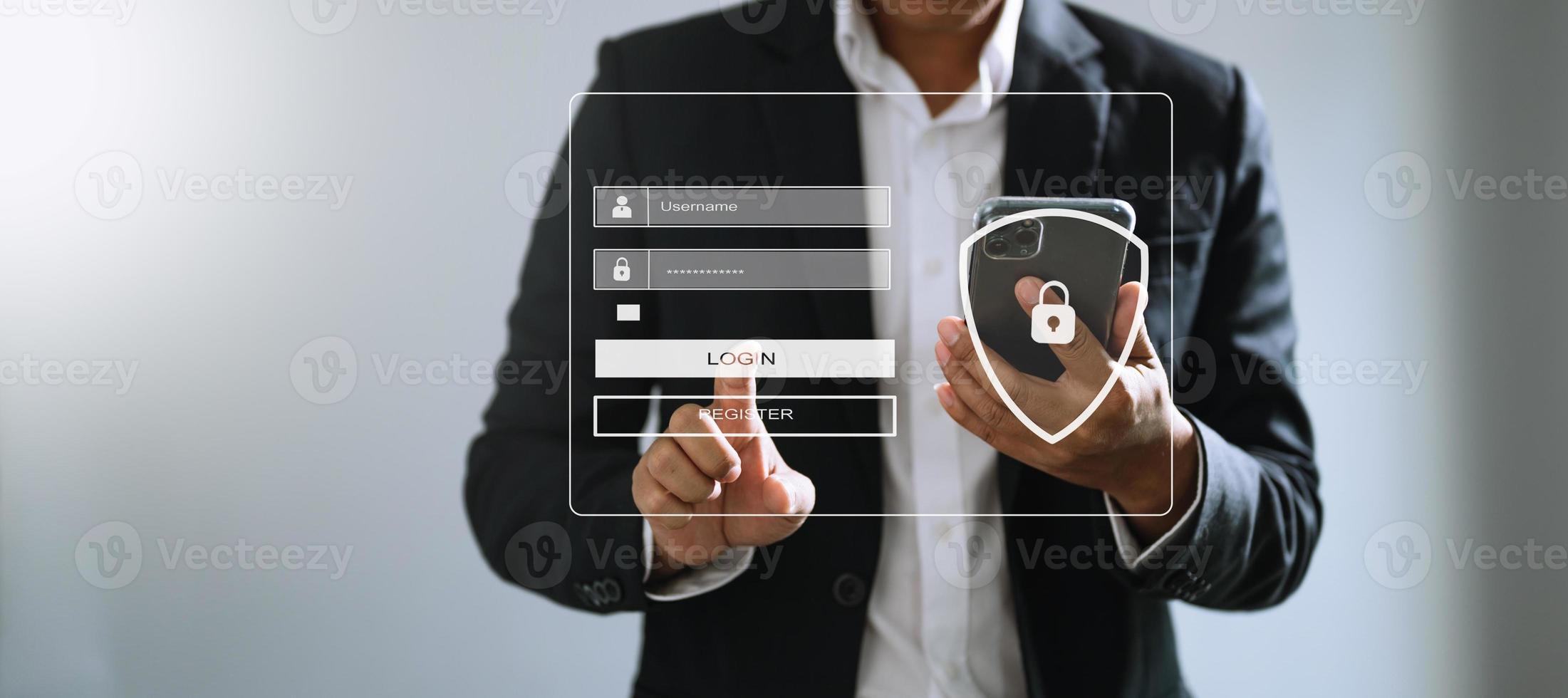 Cyber security concept, Login, User, identification information security and encryption, secure access to user's personal information woman using smart phone and tablet in office photo