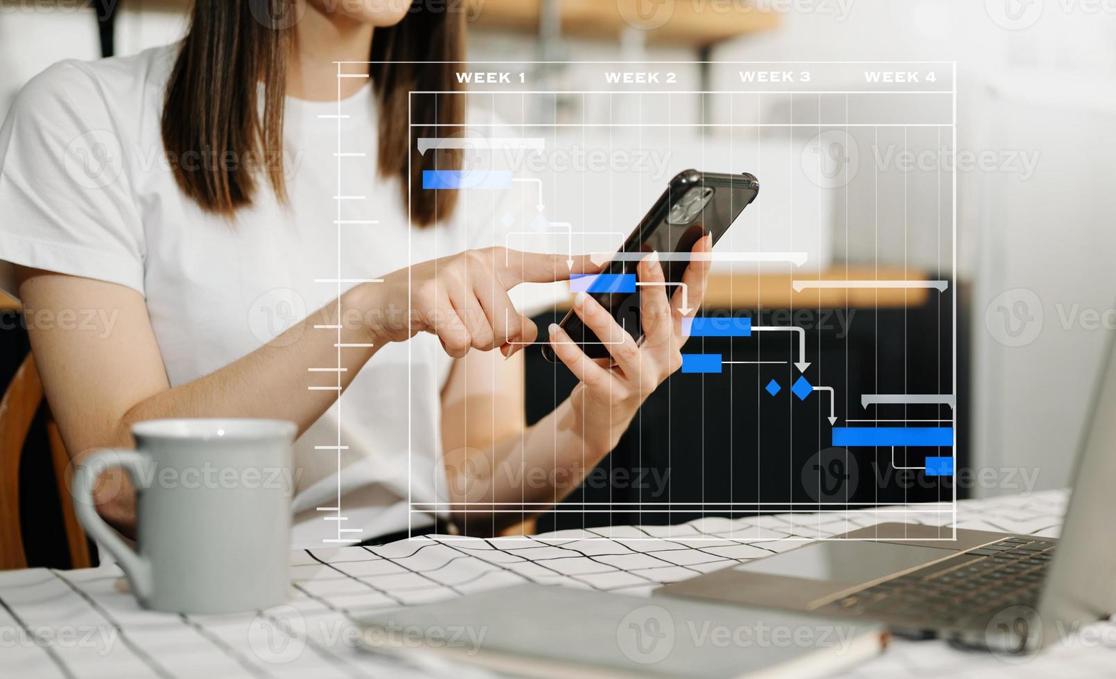 Project manager working and update tasks with milestones progress planning and Gantt chart scheduling diagram.business tram working at office photo