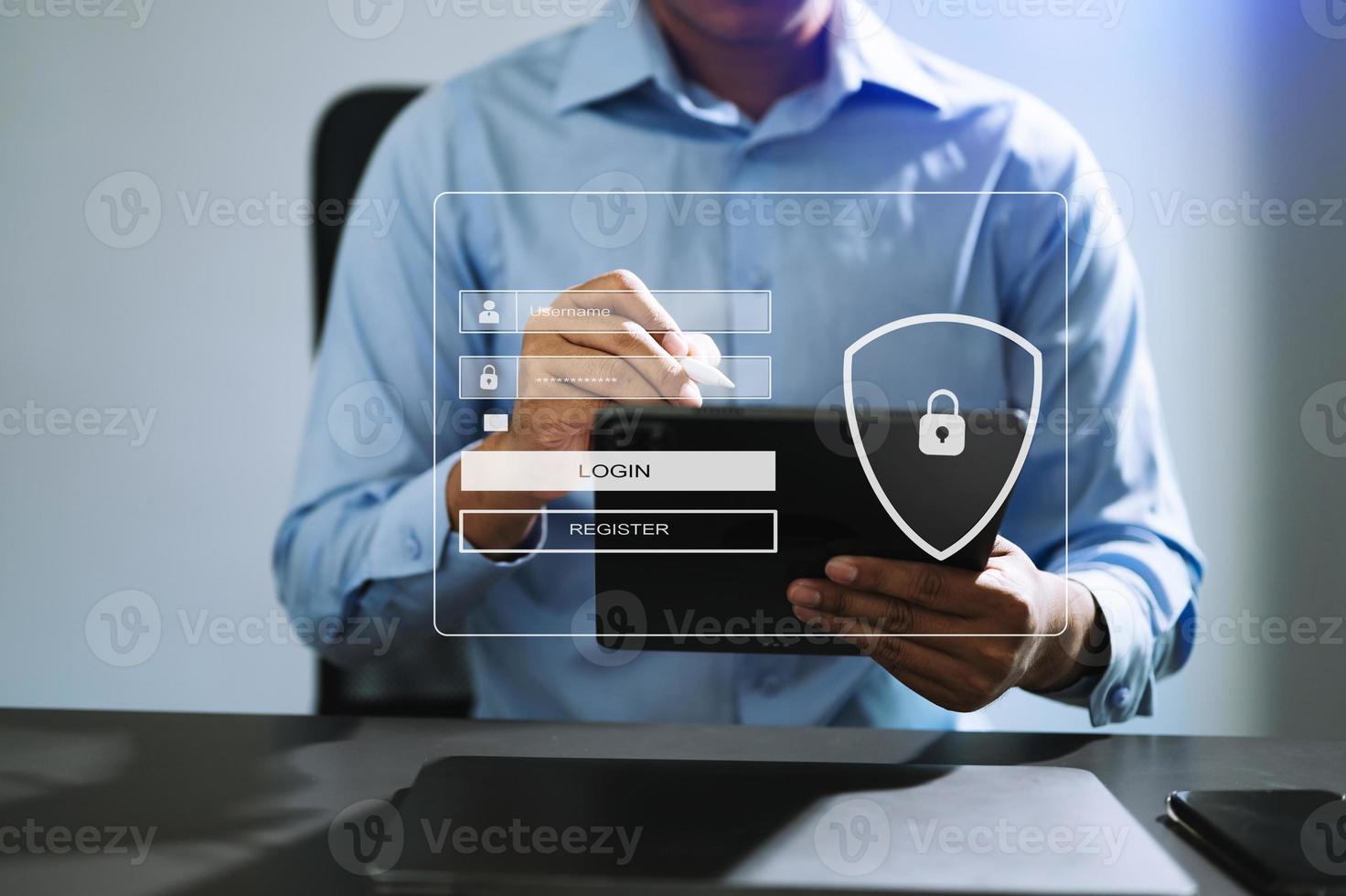 Cyber security concept, Login, User, identification information security and encryption, secure access to user's personal information woman using smart phone and tablet in office photo