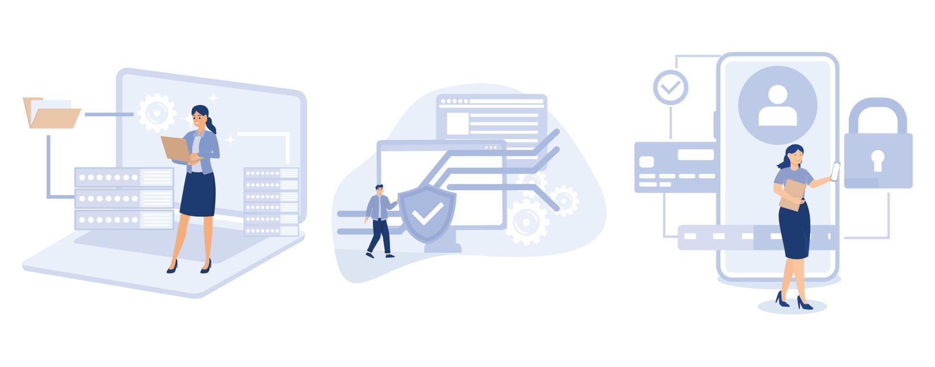Cloud computing network safety, Database data protection, cyber security software, information storage service, access policy, antivirus,  set flat vector modern illustration