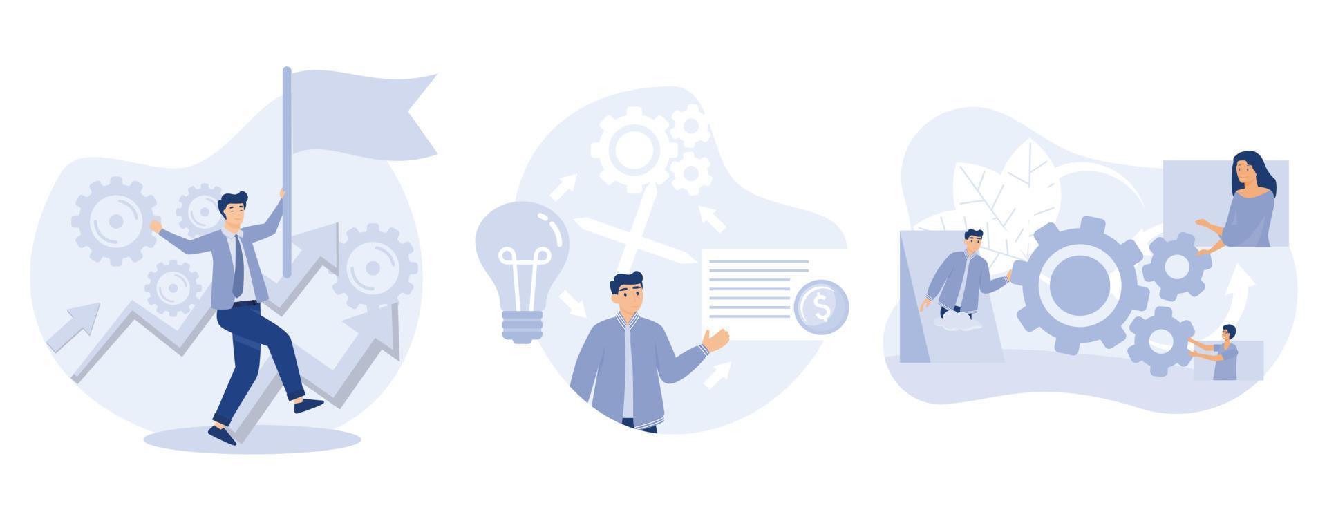 Startup development concept,  Leadership and business plan, collaboration, mutual assistance, managing skills, effective communication, set flat vector modern illustration