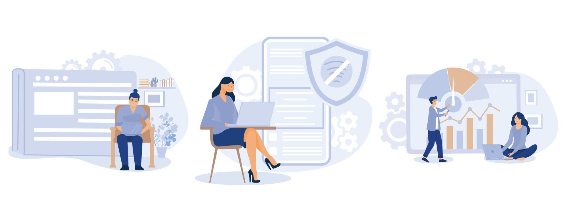 Web development concept, Single page application, progressive web app, benchmark testing, responsive website, application working offline, set flat vector modern illustration
