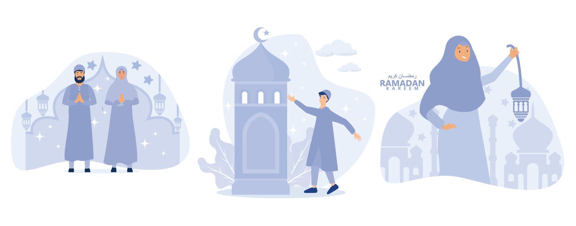 celebrating eid al fitr,  ramadan moment, Ramadan greeting card, set flat vector modern illustration