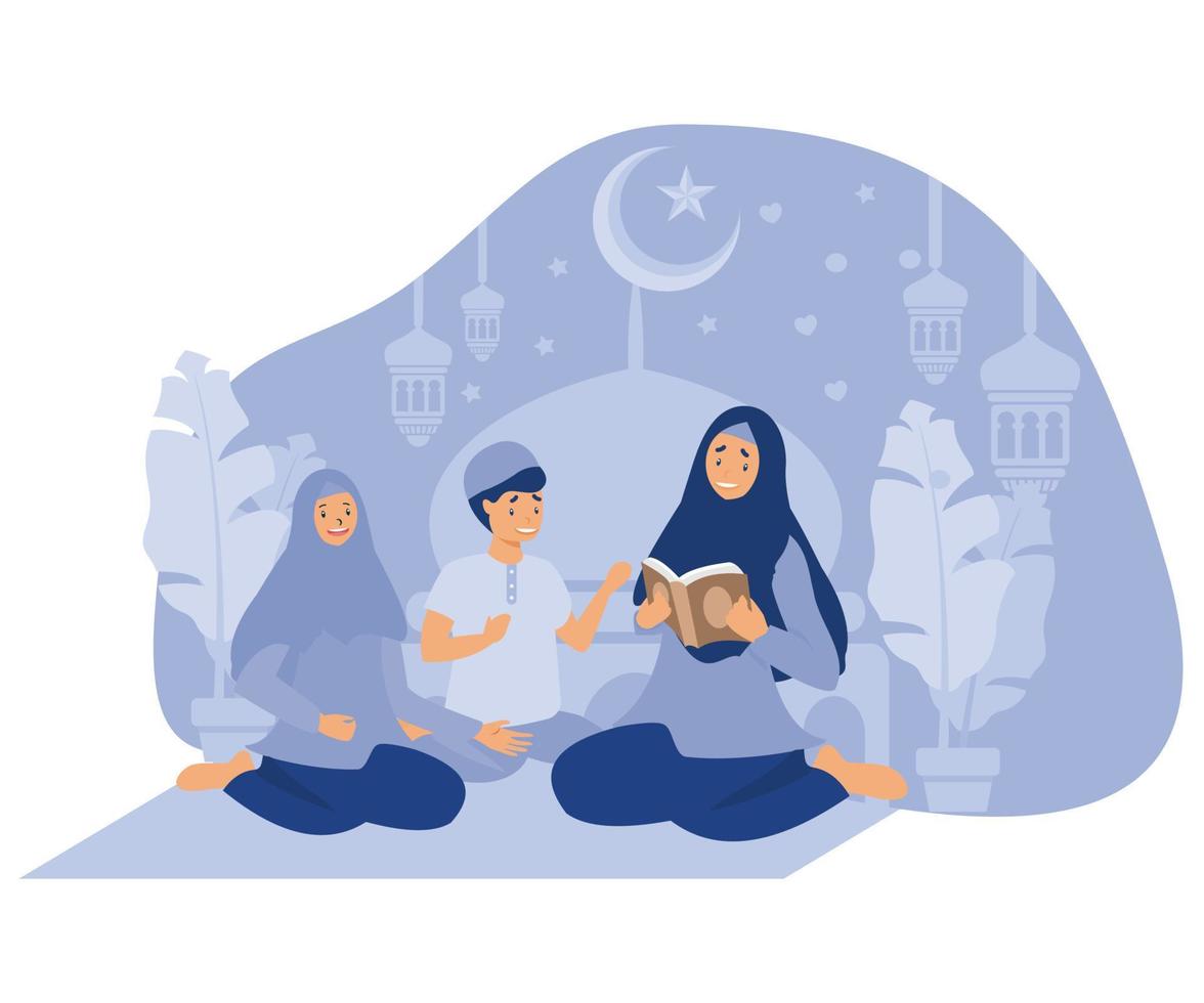 madre enseñando su niños a leer corán, islámico Ramadán kareem familia momento, plano vector moderno ilustración