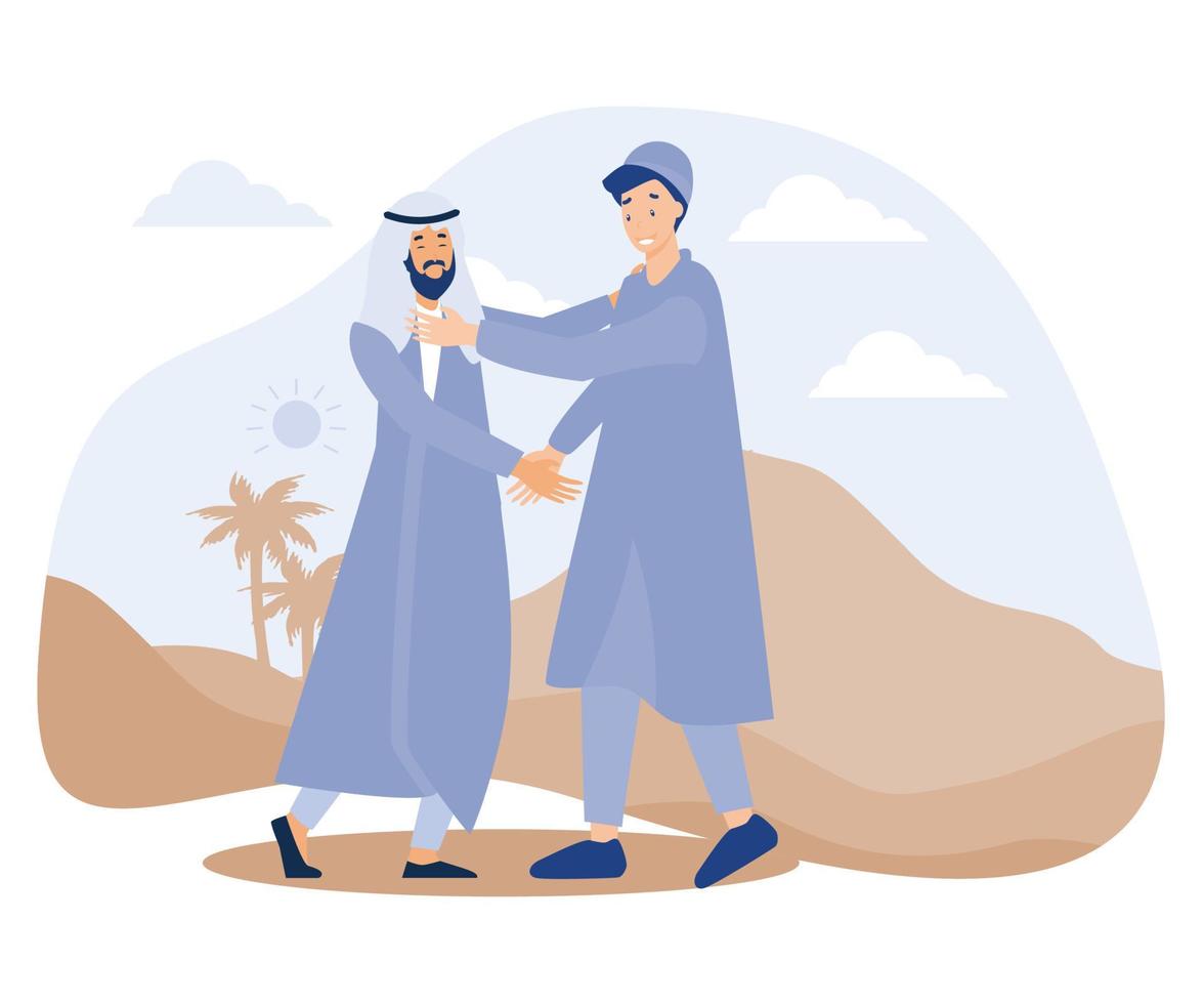 Muslim people hug each other as they celebrate Ramadan, with outdoor background vector