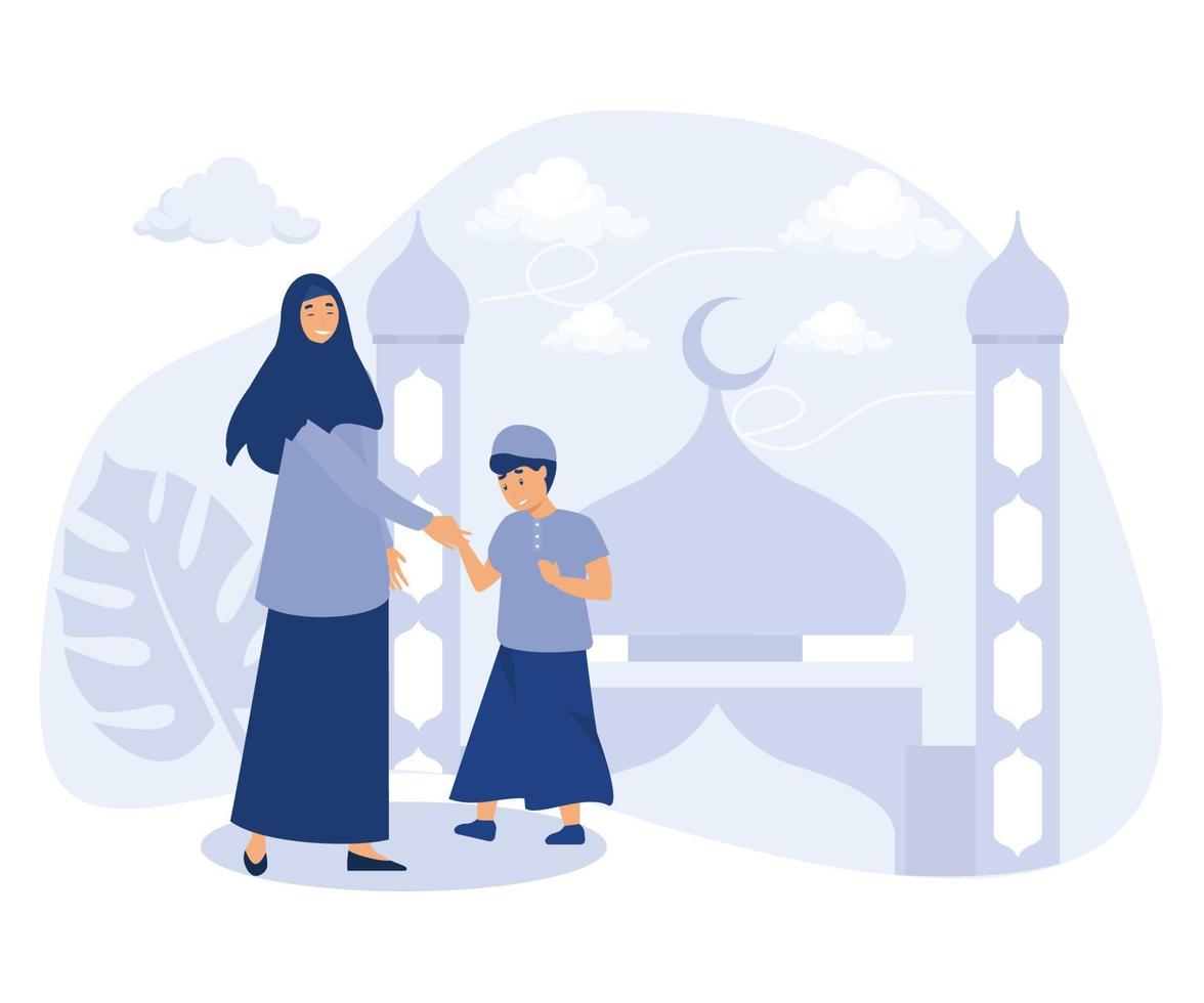 Daughter and mother asking forgiveness during Hari Raya Aidilfitri Celebration, flat vector modern illustration