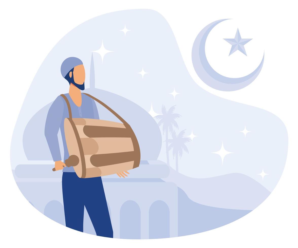Waking up people at early morning to do sahur time, Ramadan's tradition activities,  flat vector modern illustration