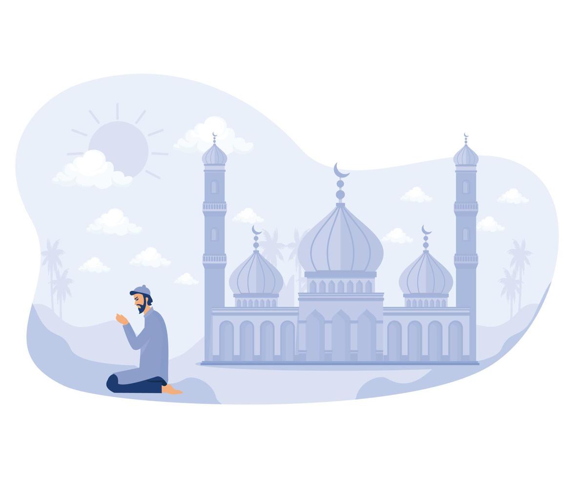 Muslim man doing prayer outdoor with a beautiful mosque behind, Ramadan kareem,  flat vector modern illustration