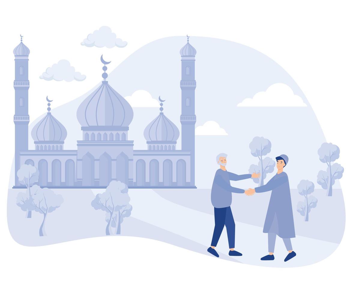 Muslims meet then shake hands and say Assalamualaikum in the courtyard of the mosque after shalat,  flat vector modern illustration