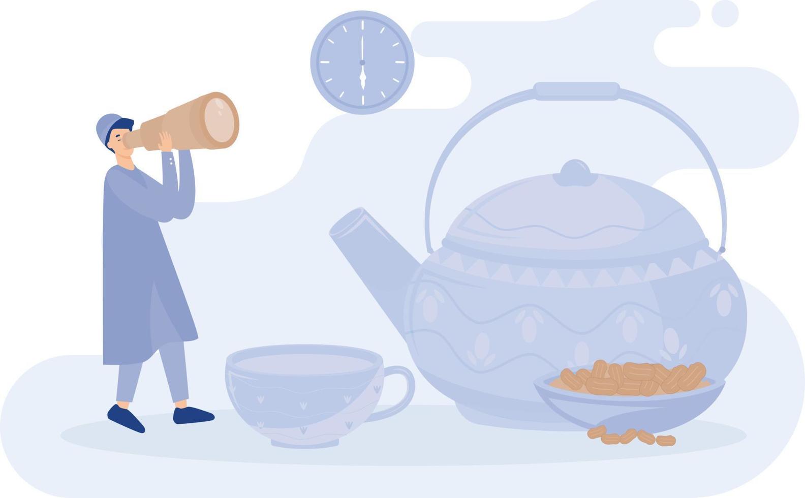 Muslim men are waiting for the time to iftar of Ramadan, ramadan kareem, flat vector modern illustration