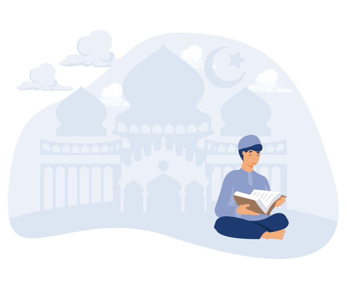 Muslim man reading Quran against night background with crescent moon, stars and mosque silhouette, Laylat al-Qadr, flat vector modern illustration
