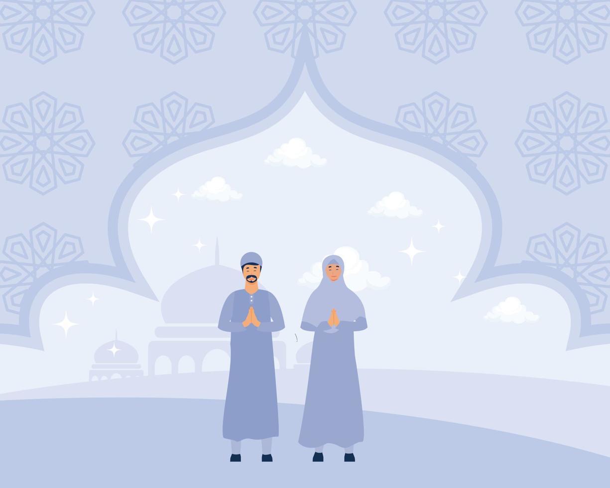 ramadan kareem background,  men and women illustration for greeting cards,  flat vector modern illustration