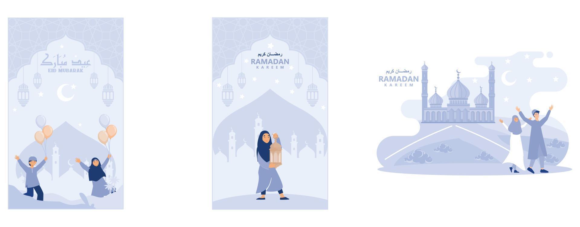 Eid  Mubarak vector with Happy kids, muslim girl holding lantern with crescent moon, stars and mosque as background, set flat vector modern illustration