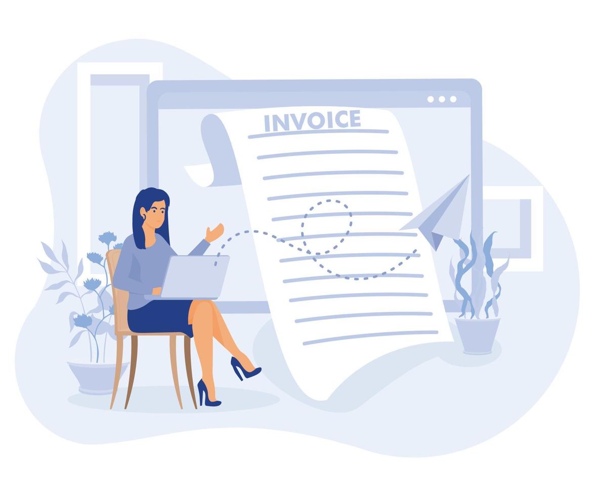 Remote payroll,Freelancer filling invoice, distance job payroll, money transfer online, get salary on bank account,flat vector modern illustration