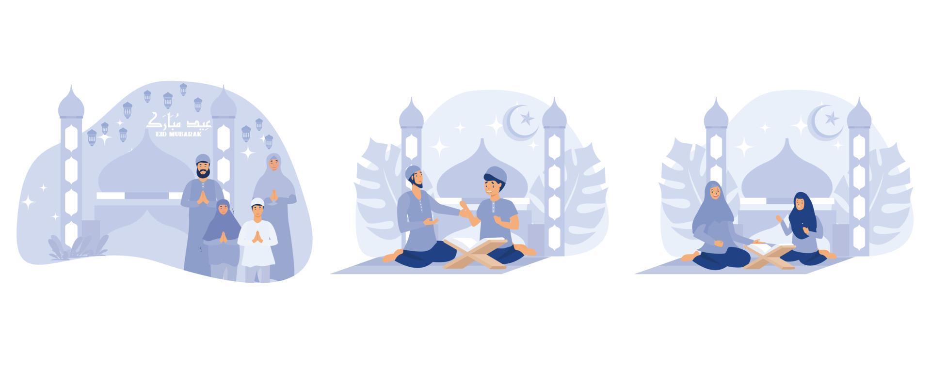 Happy muslim family,  celebrating Eid mubarak,  Studying Quran,  with mosque background, set flat vector modern illustration