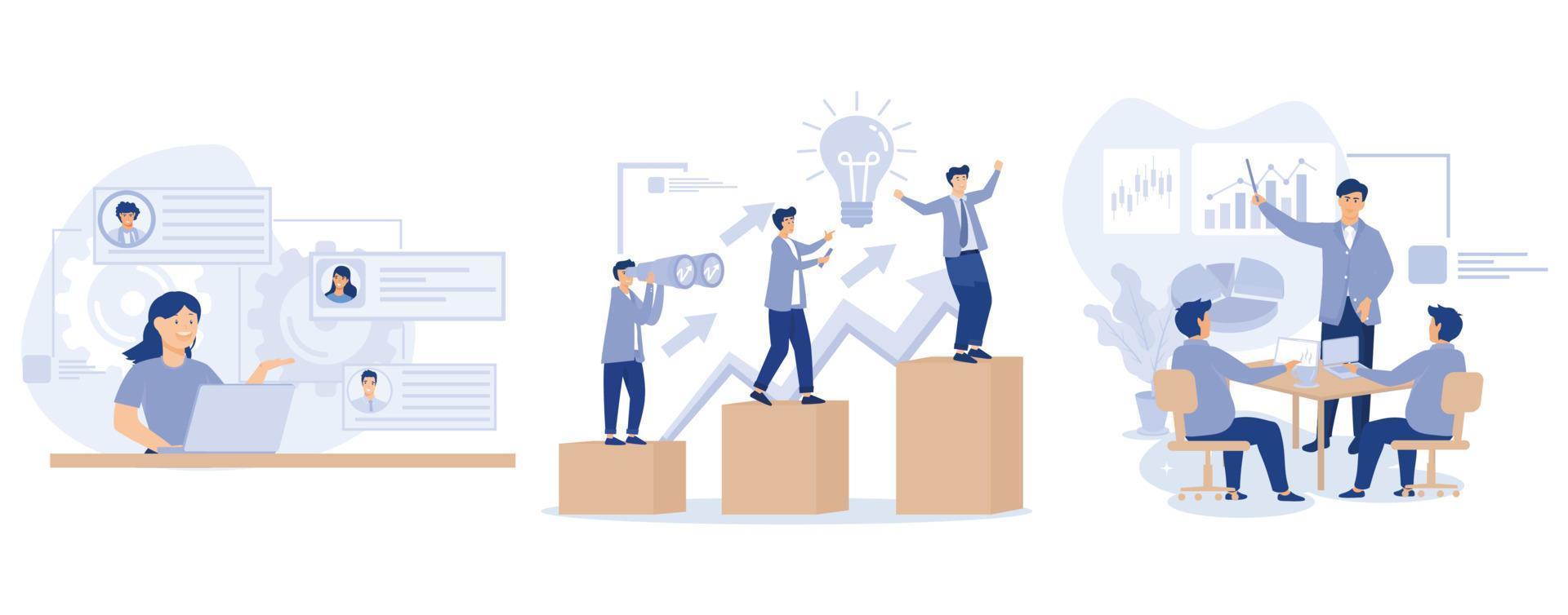 Headhunter service concept, Human resources, corporate ladder, meeting room, job listing website, employment hierarchy, career ladder, contract, set flat vector modern illustration