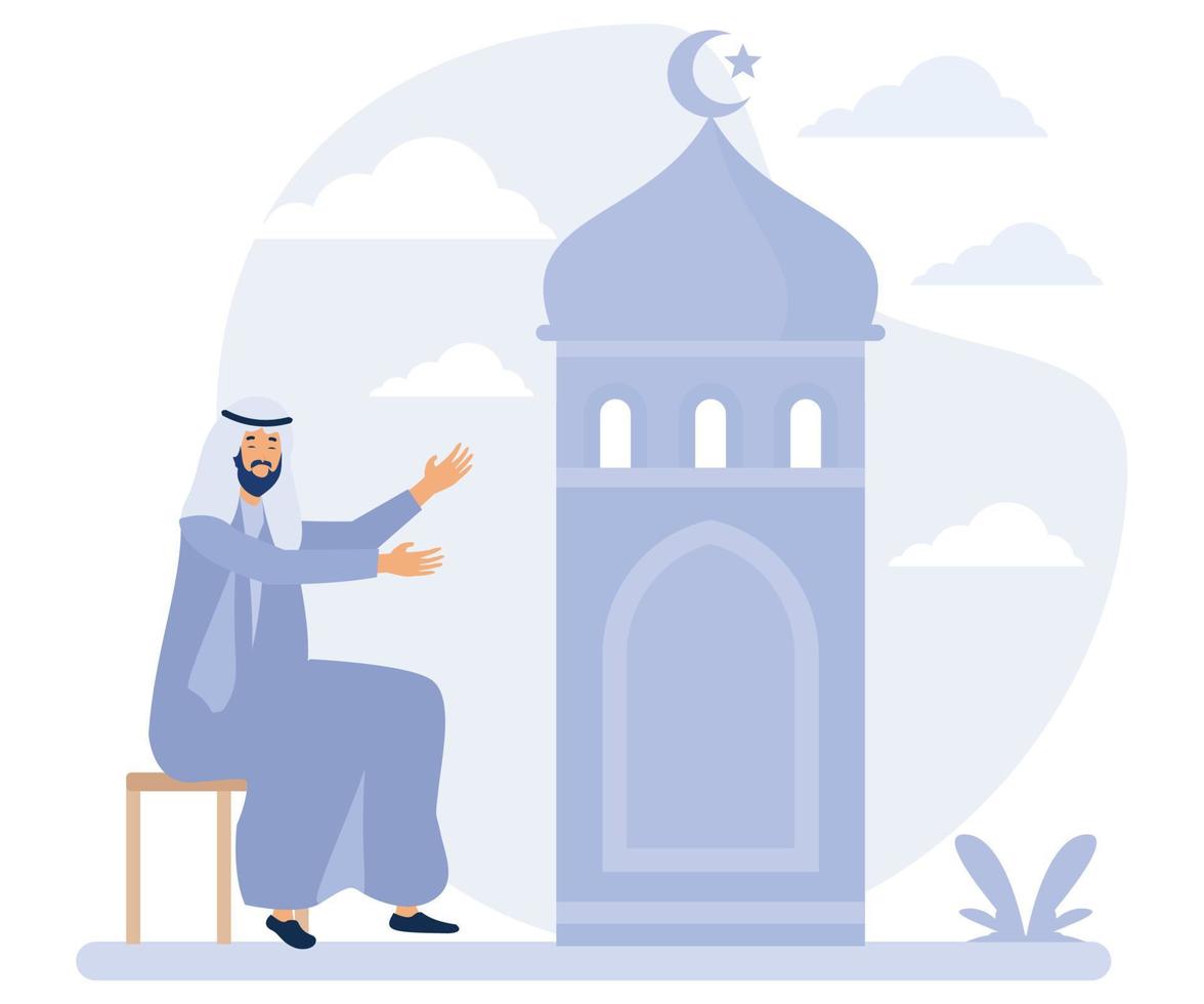 Happy ramadan mubarak greeting concept,  Muslim people with big lantern and crescent moon , flat vector modern illustration