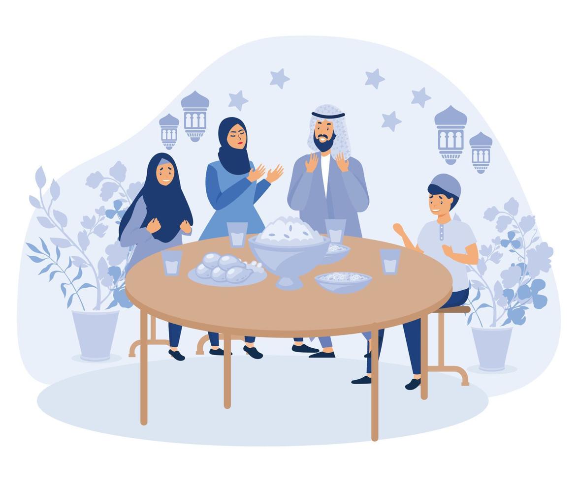 Ramadan dinner. Muslim family eating, iftar celebrating. Arab festive dishes on table, ritual greetings. After fasting, parents and kids together, flat vector modern illustration