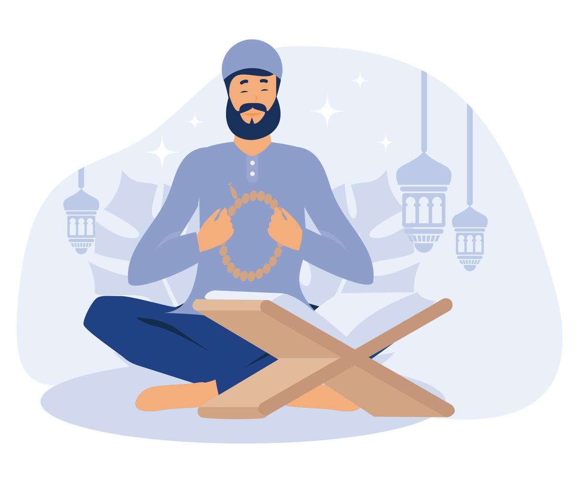 Ramadán Kareem, musulmán hombre Orando y escena con mezquita o masjid en antecedentes. plano vector moderno ilustración