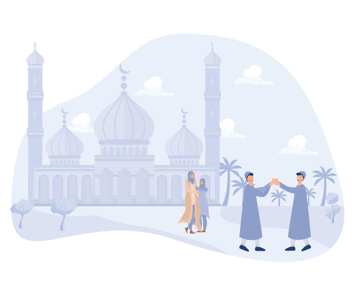 Happy Eid al-fitr illustration, Tradition of Eid al-Fitr shake hand and huge each other, flat vector modern illustration