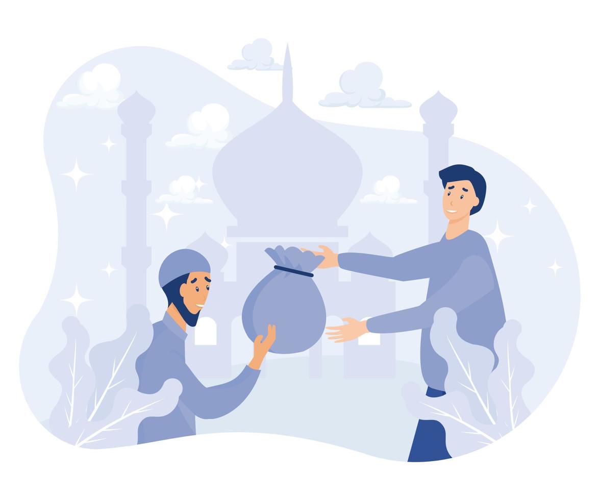 People giving zakat to old man at ramadan month, Ramadan month activities. eid al fitr,  flat vector modern illustration
