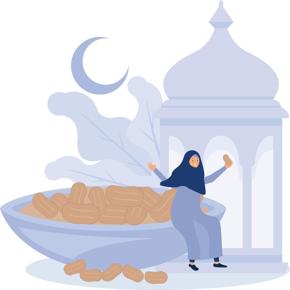 musulmán mujer son contento y disfrutar el iftar comida de ramadán, Ramadán Kareem, plano vector moderno ilustración