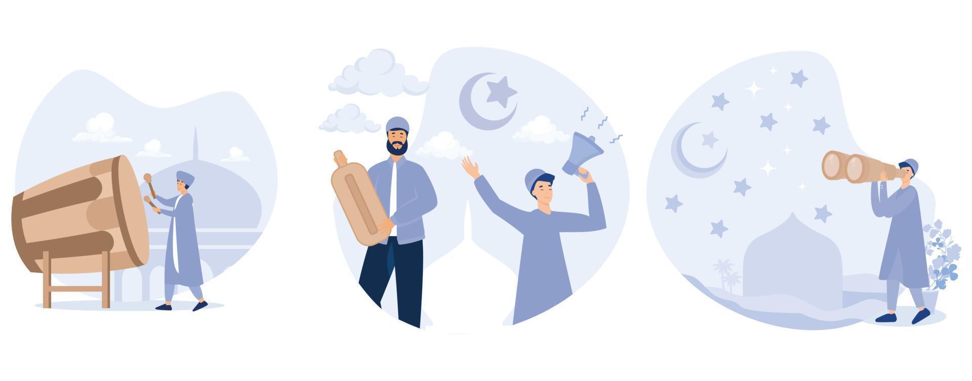 People waking up for the sahur with kentongan and bedug, Muslim person looking for hilal at night sky with telescope, set flat vector modern illustration