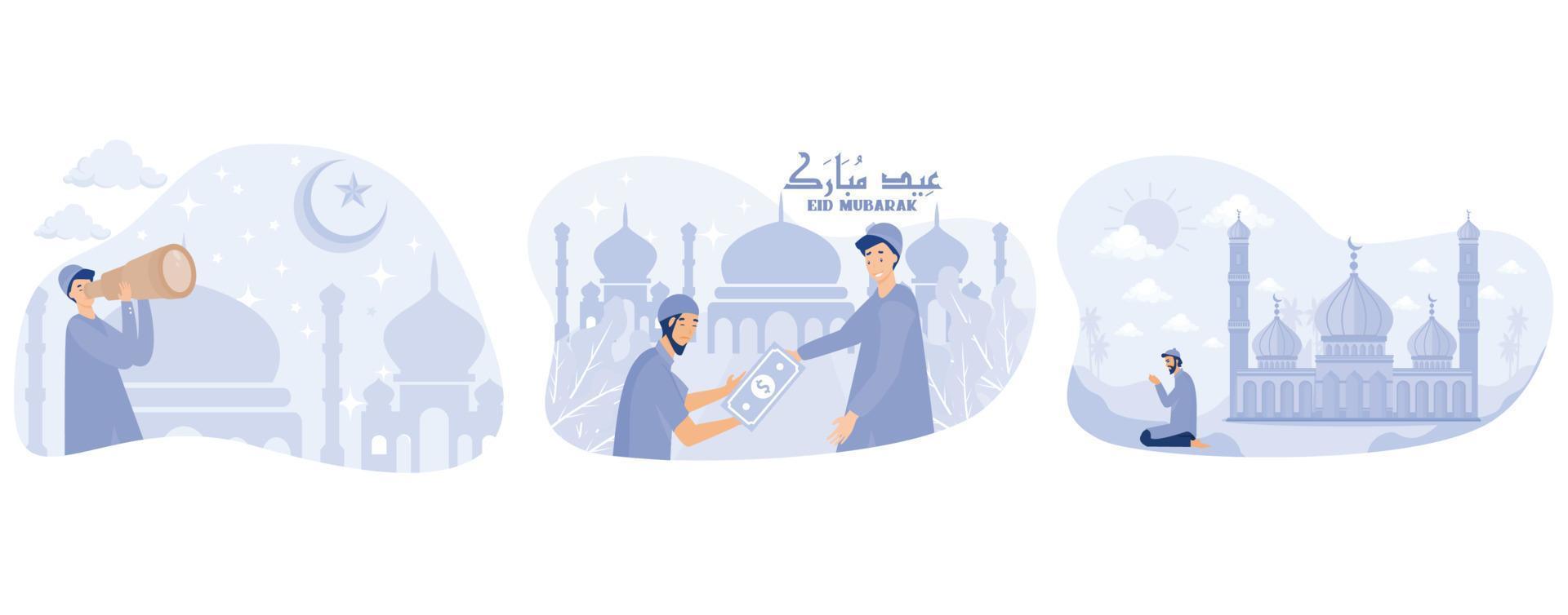 Looking for hilal or Crescent moon with telescope, giving money to homeless people, Muslim man doing prayer  with a beautiful mosque behind, set flat vector modern illustration
