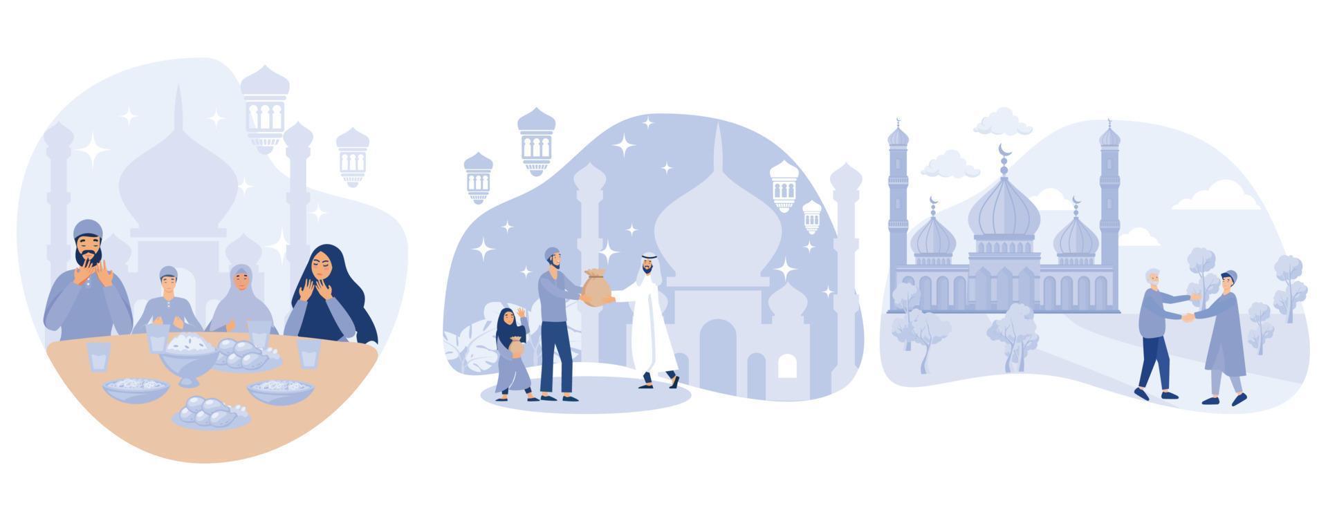 Moslem family iftar, Zakat giving charity, Muslims meet then shake hands, Ramadan Kareem activity, set flat vector  modern illustration