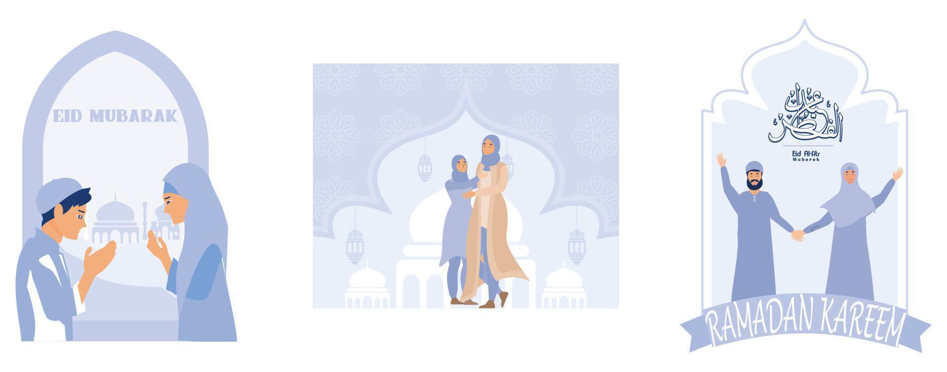 two woman hugging on eid al fitr, Eid Mubarak Greeting concept with Arabic Calligraphy, set flat vector modern illustration