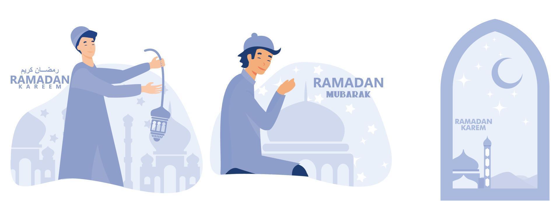 Ramadan greeting card. ramadan kareem with flat design mosque and crescent moon, set flat vector modern illustration